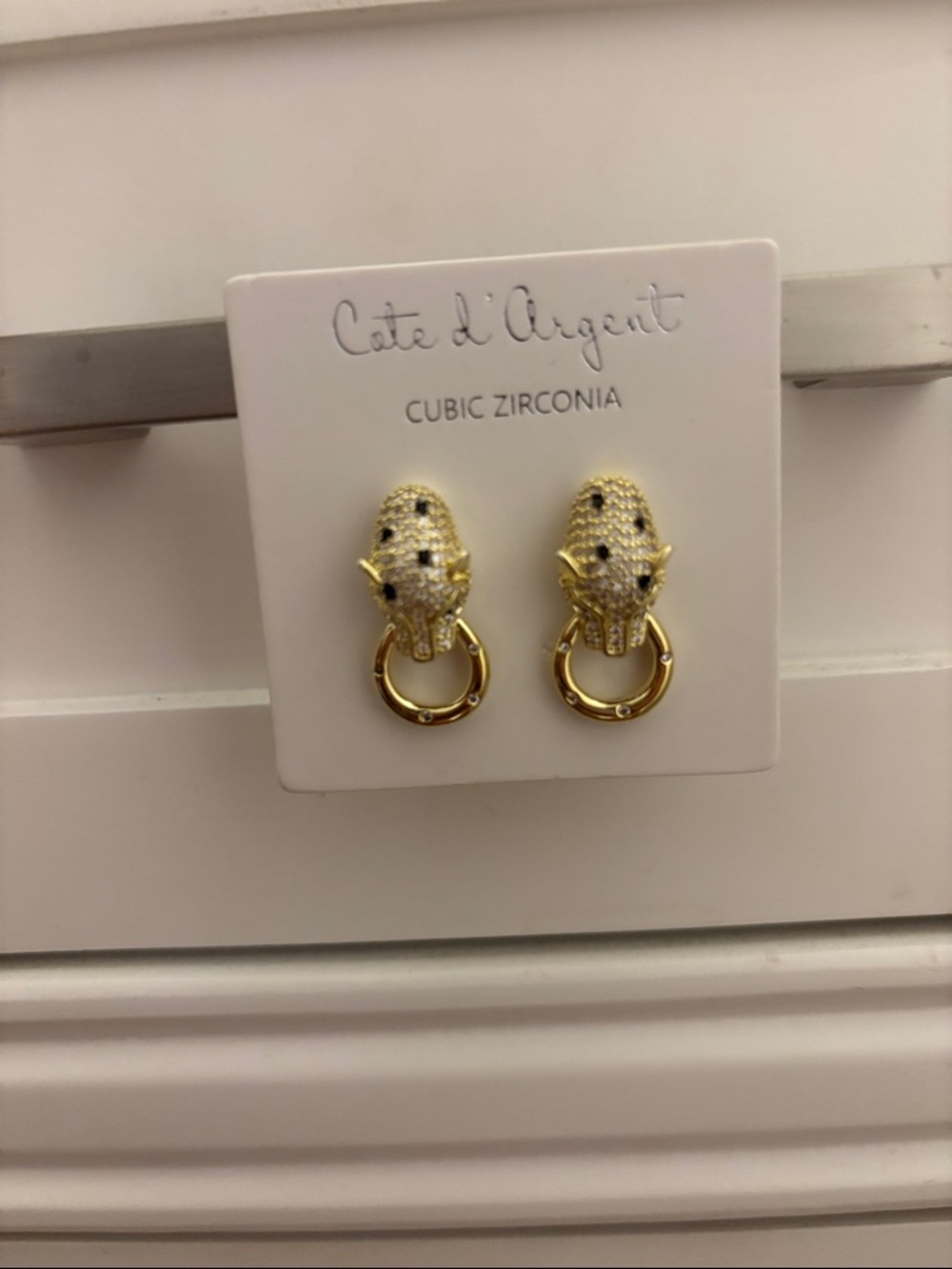 Cote d'Argent Gold Cubic Zirconia Panther Head Hoop Earrings